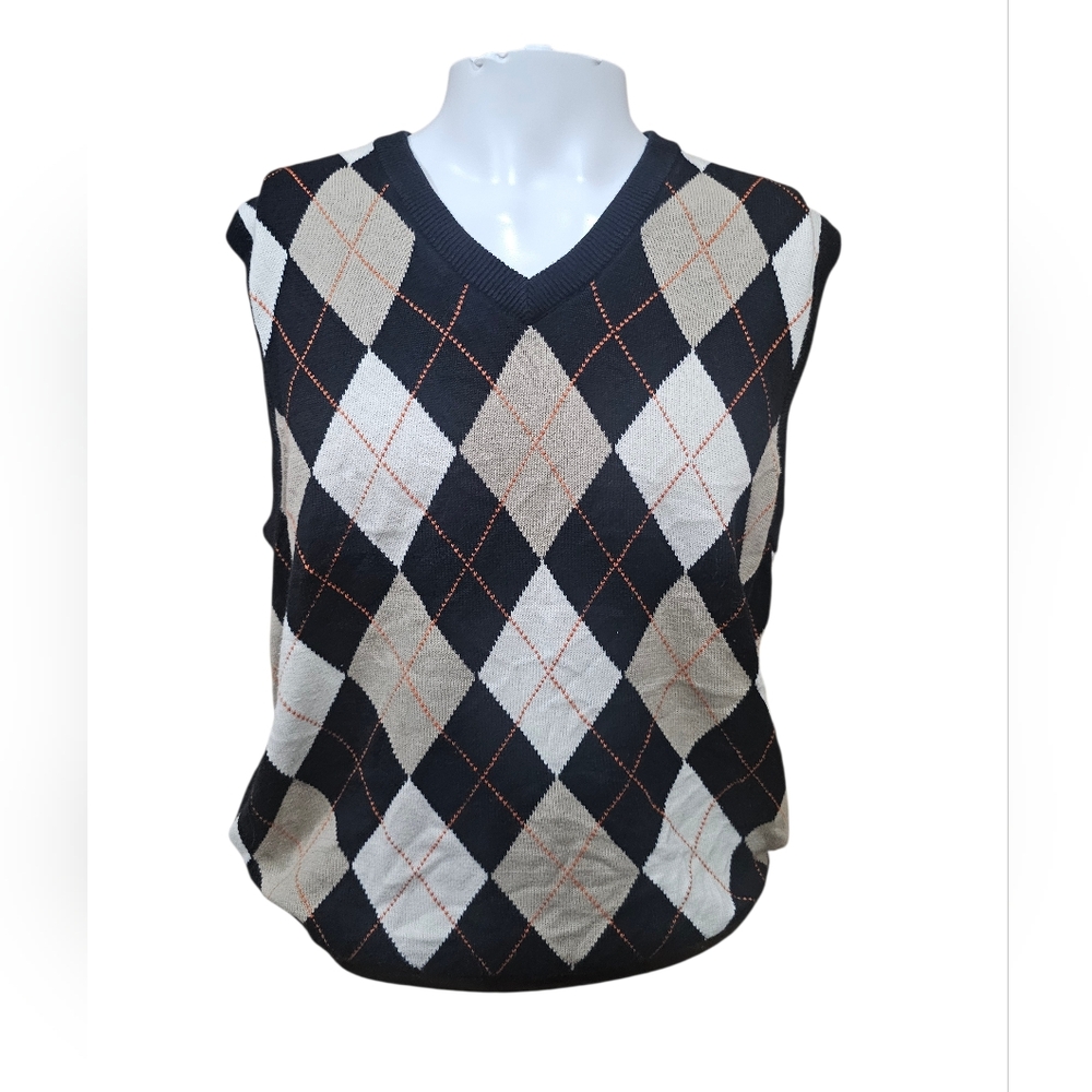Alan Flusser Golf Argyle Sweater Vest Men’s Medium‎ Black Beige Pima Cotton